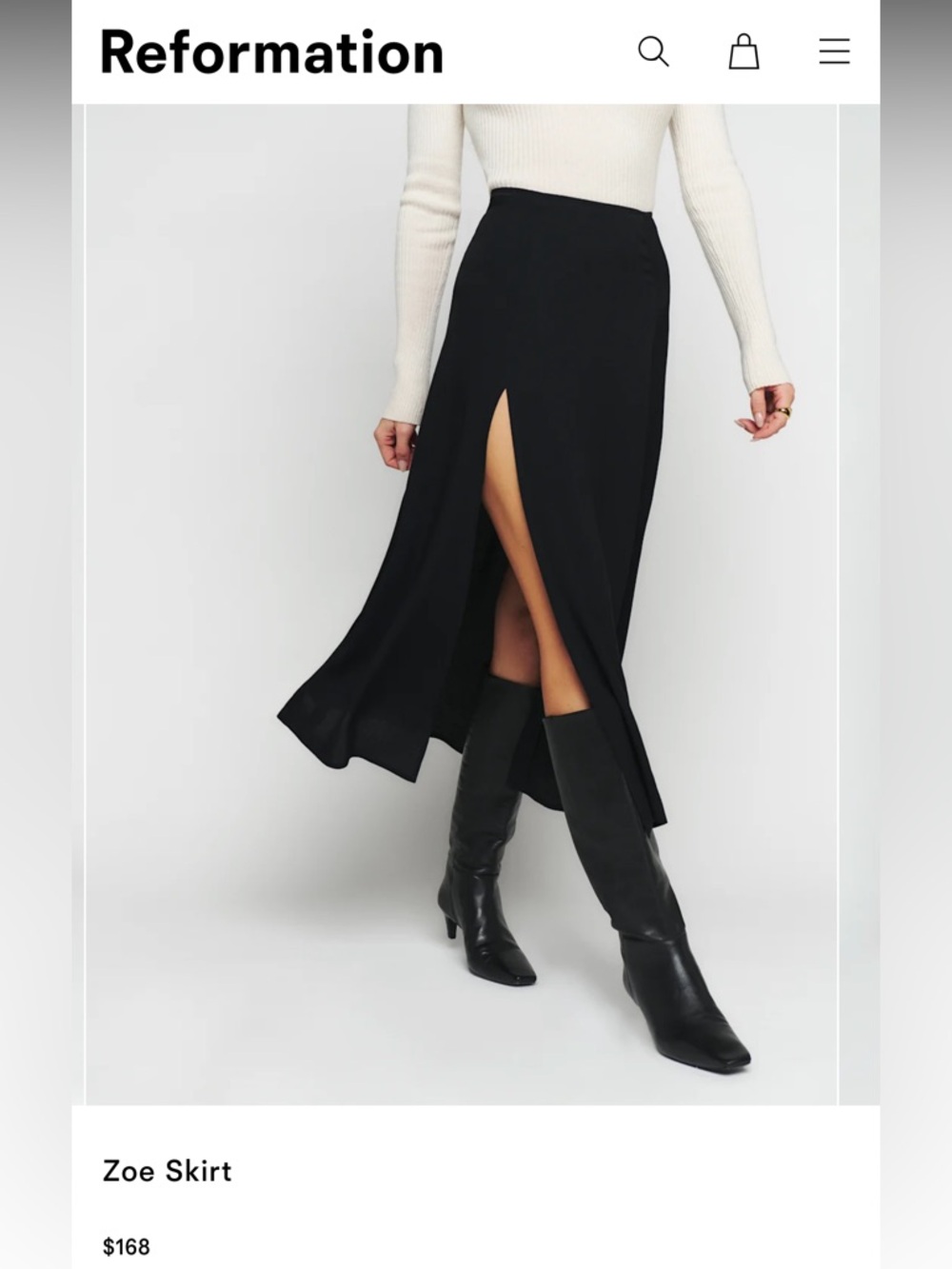 Reformation Black Midi Skirt with Front Slit